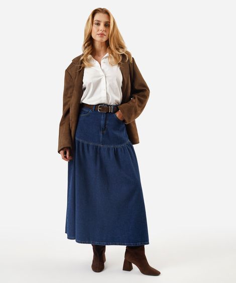 saia midi feminina jeans com recorte e franzidos cintura alta azul