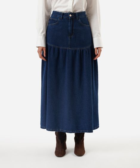 saia midi feminina jeans com recorte e franzidos cintura alta azul