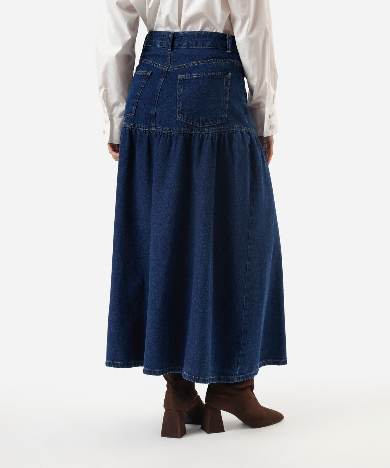 saia midi feminina jeans com recorte e franzidos cintura alta azul