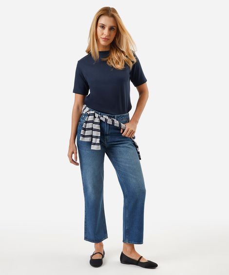 calça reta cropped feminina jeans cintura alta azul