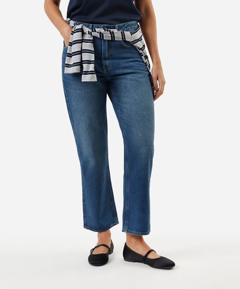 calça reta cropped feminina jeans cintura alta azul
