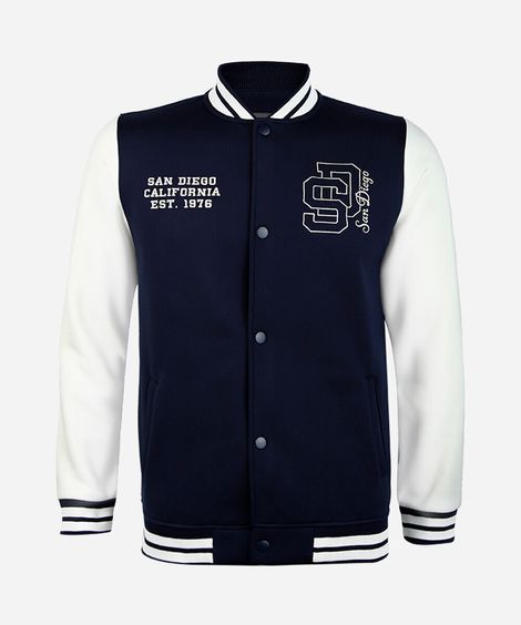 jaqueta bomber college juvenil de moletom com bordado azul