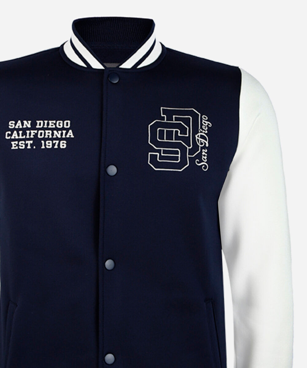 jaqueta bomber college juvenil de moletom com bordado azul