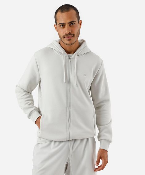 jaqueta masculina de moletom esportiva com capuz e bolso cinza