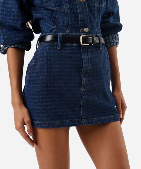 minissaia feminina jeans xadrez cintura média azul