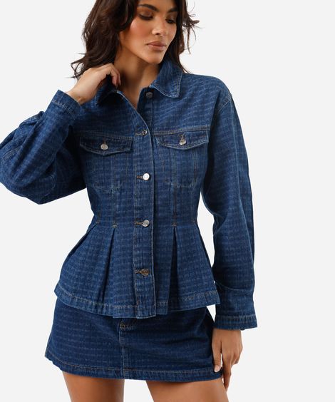 jaqueta peplum feminina jeans com pregas xadrez azul