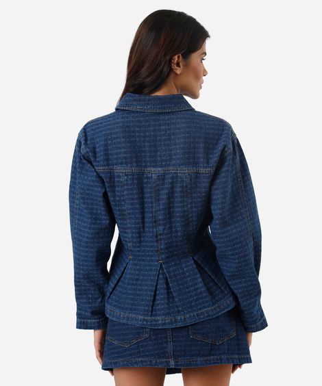 jaqueta peplum feminina jeans com pregas xadrez azul