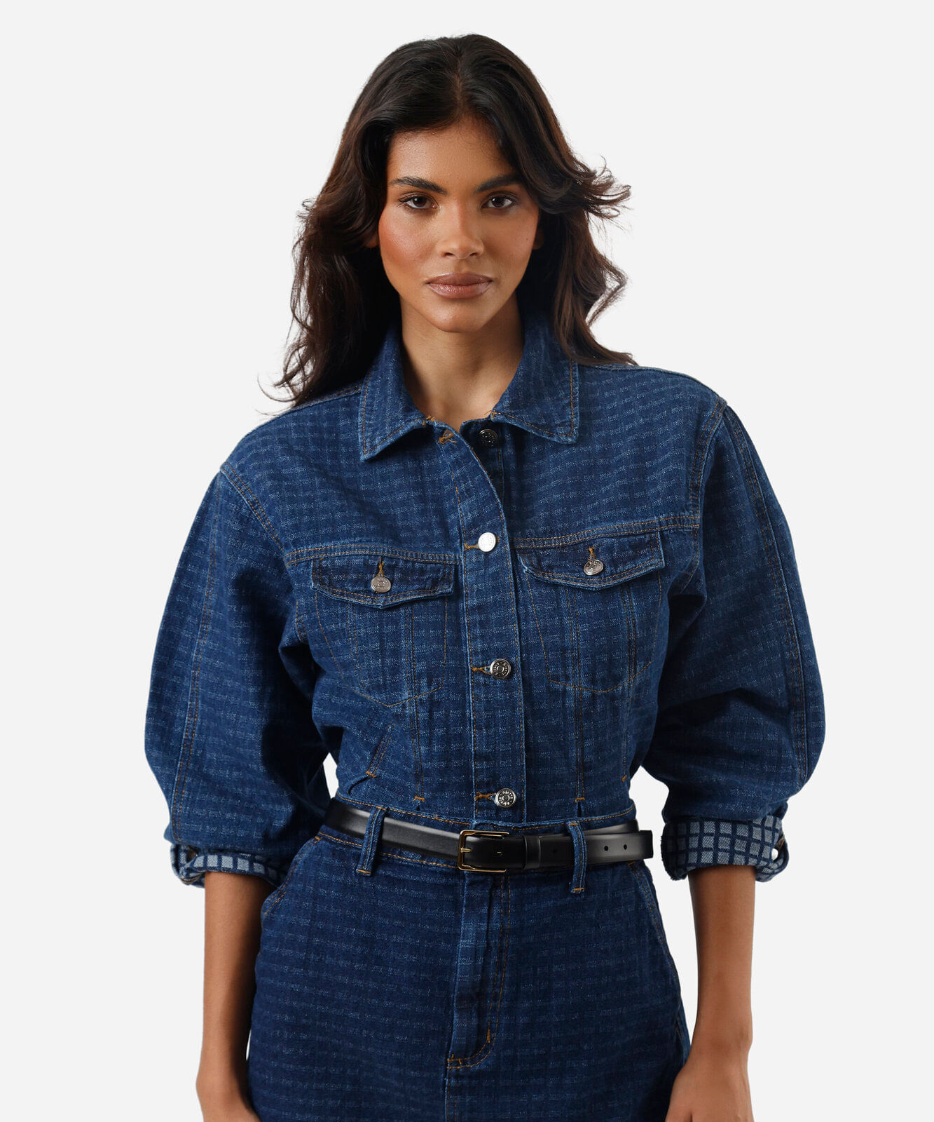 jaqueta peplum feminina jeans com pregas xadrez azul