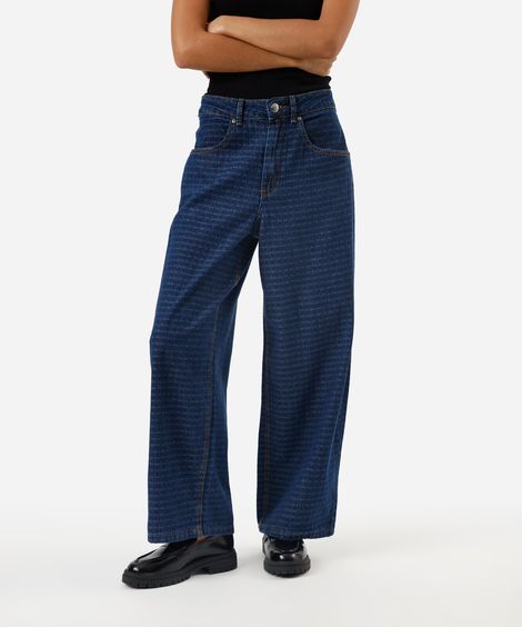 calça balloon feminina jeans cintura média xadrez azul