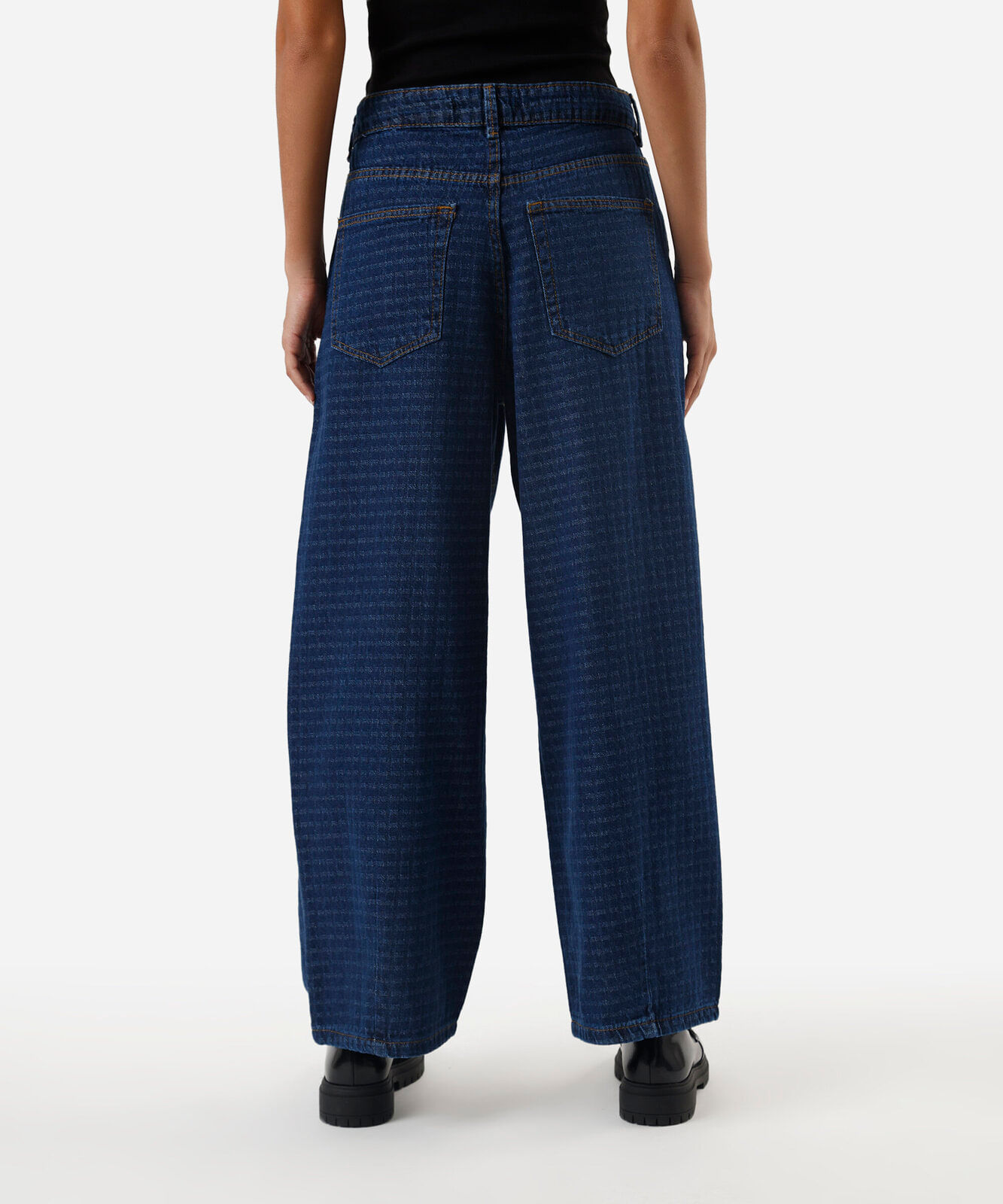calça balloon feminina jeans cintura média xadrez azul