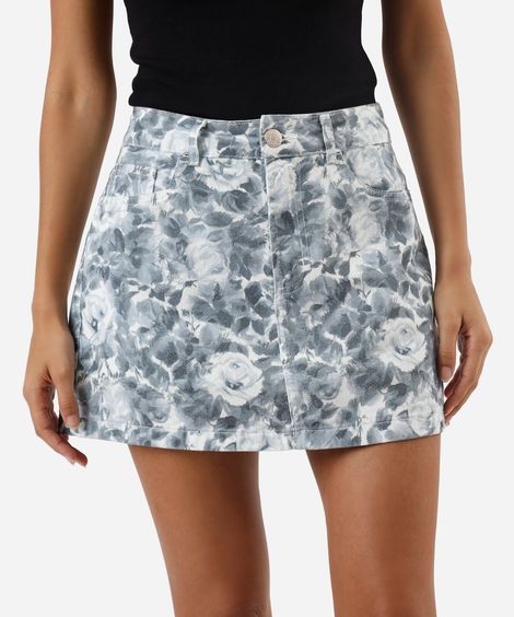 short saia feminino de sarja cintura alta floral off white