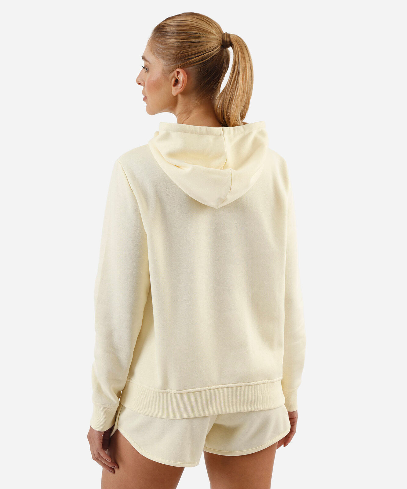 blusa feminina de moletom com capuz e bolso amarela