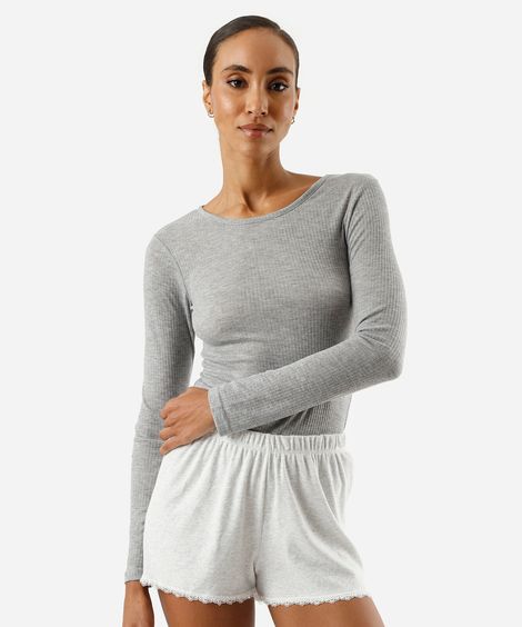 blusa de pijama avulsa feminina manga longa canelada cinza
