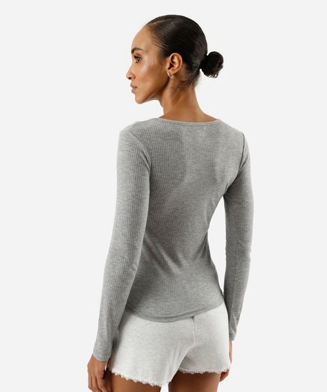 blusa de pijama avulsa feminina manga longa canelada cinza