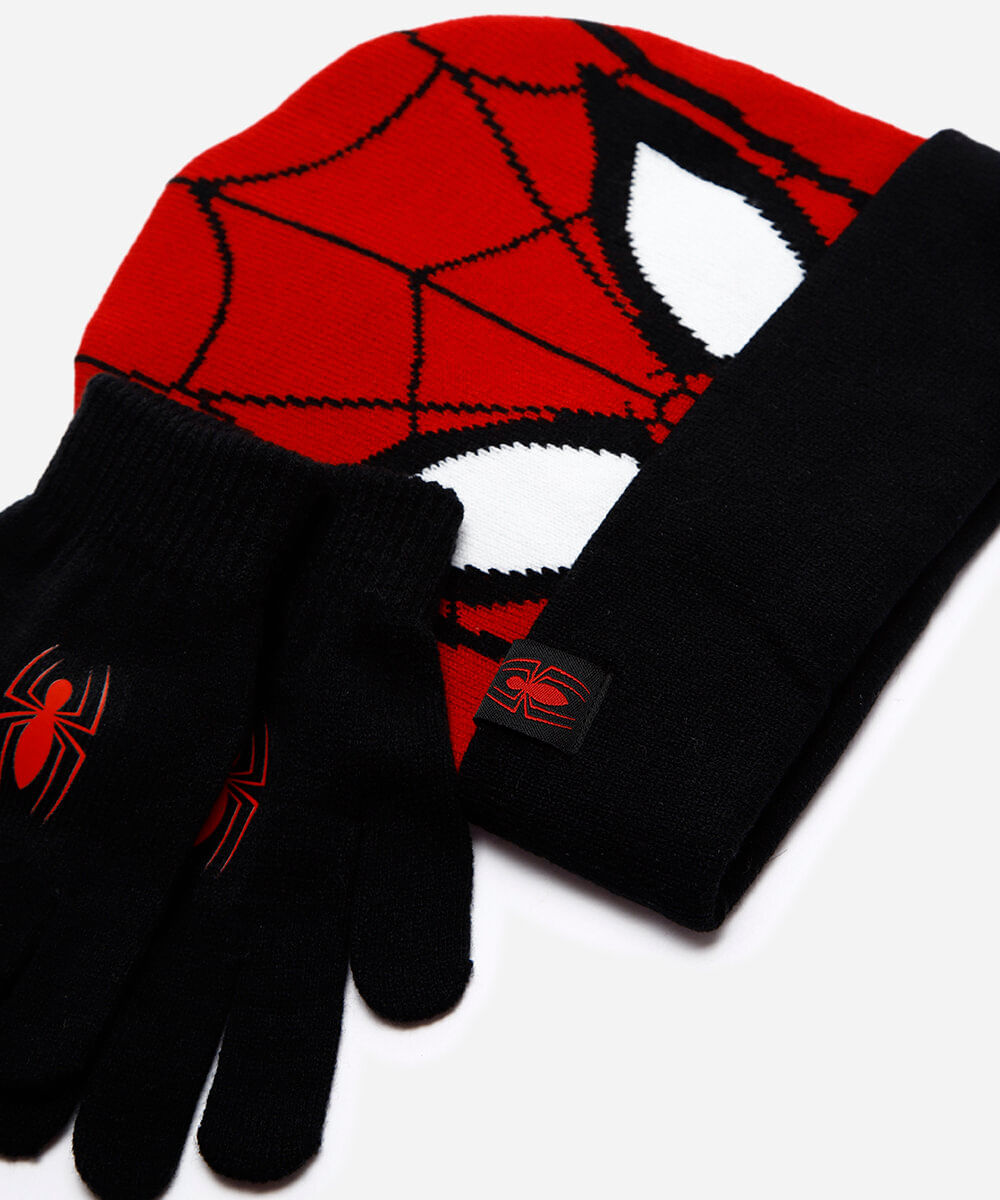 kit de gorro infantil de tricot homem aranha com luva vermelho