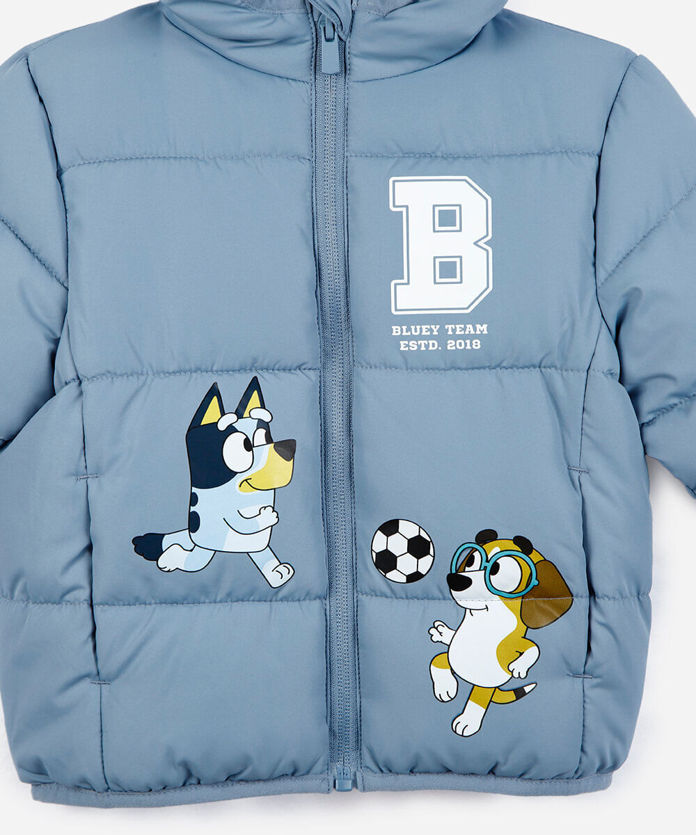 jaqueta puffer infantil com capuz bluey azul