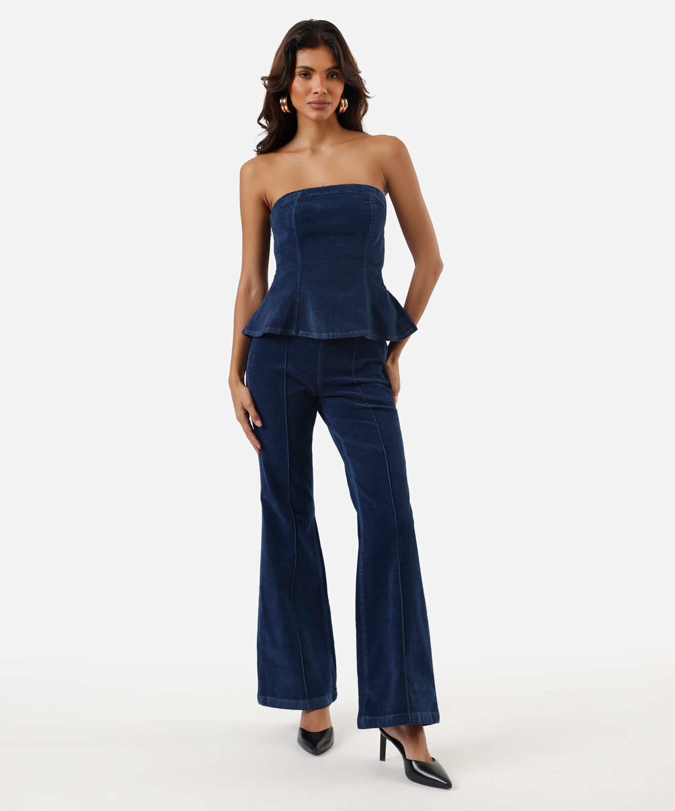 calça flare feminina jeans com nervuras aveludada azul