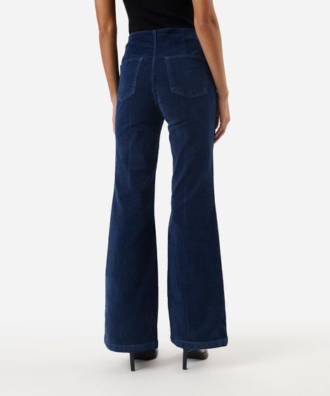 calça flare feminina jeans com nervuras aveludada azul