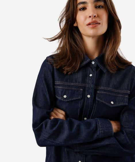 camisa feminina jeans com bolsos manga longa azul