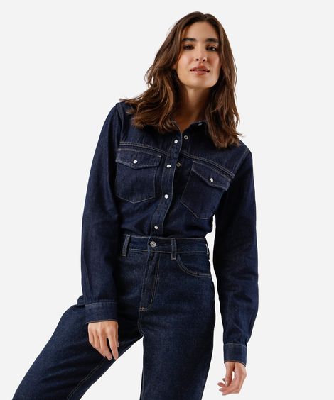 camisa feminina jeans com bolsos manga longa azul