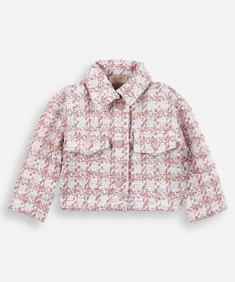 casaco infantil de tweed com corações e lurex rosa