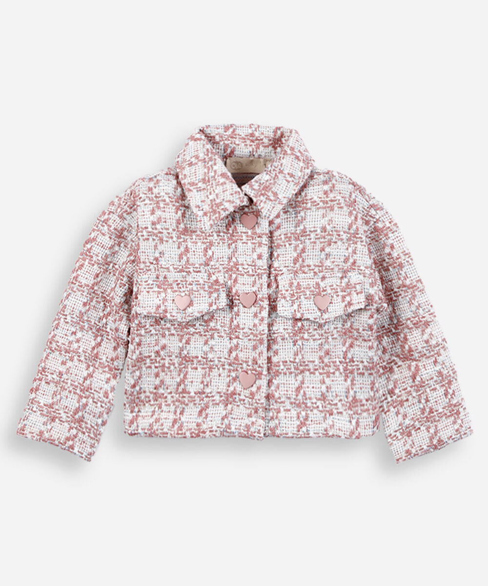 casaco infantil de tweed com corações e lurex rosa