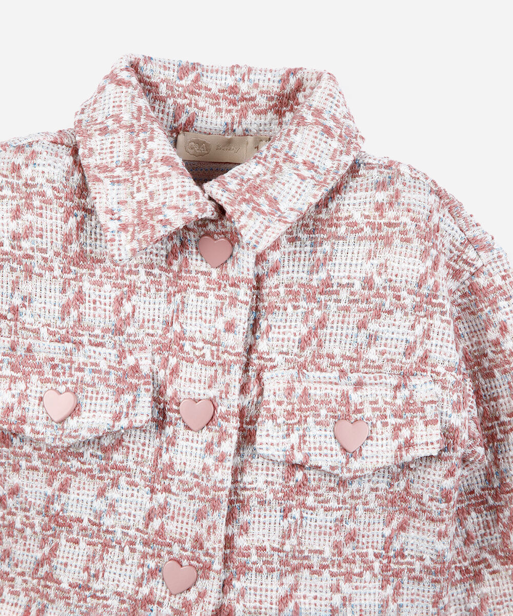 casaco infantil de tweed com corações e lurex rosa