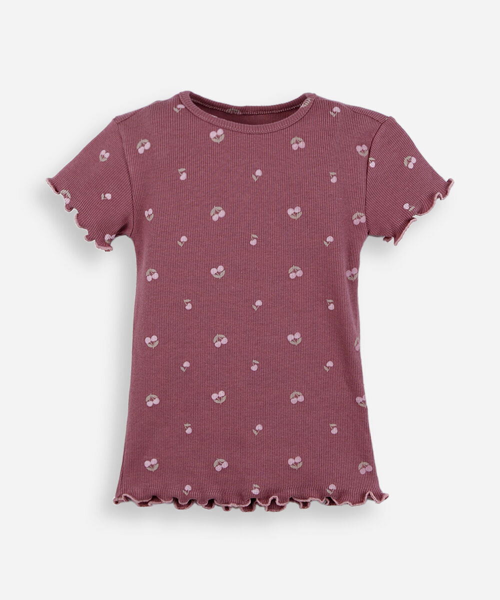 camiseta infantil de algodão canelada cerejinhas roxa