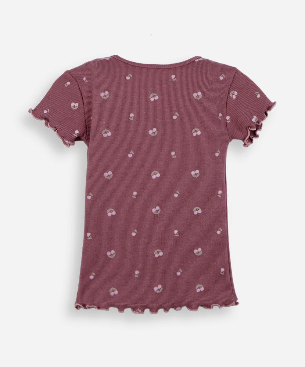 camiseta infantil de algodão canelada cerejinhas roxa