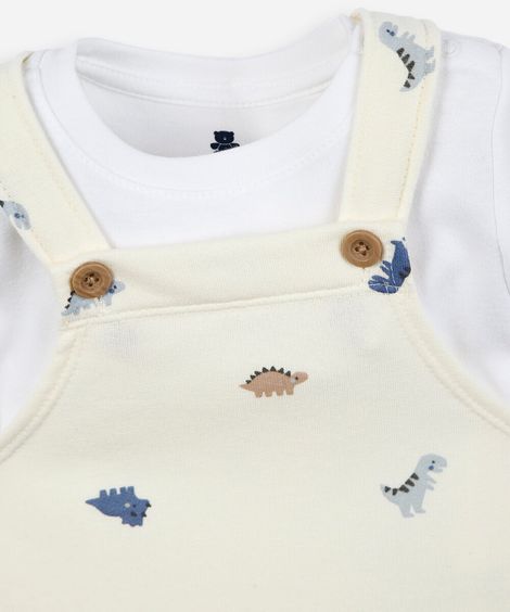 jardineira infantil com camiseta dinossauro off white