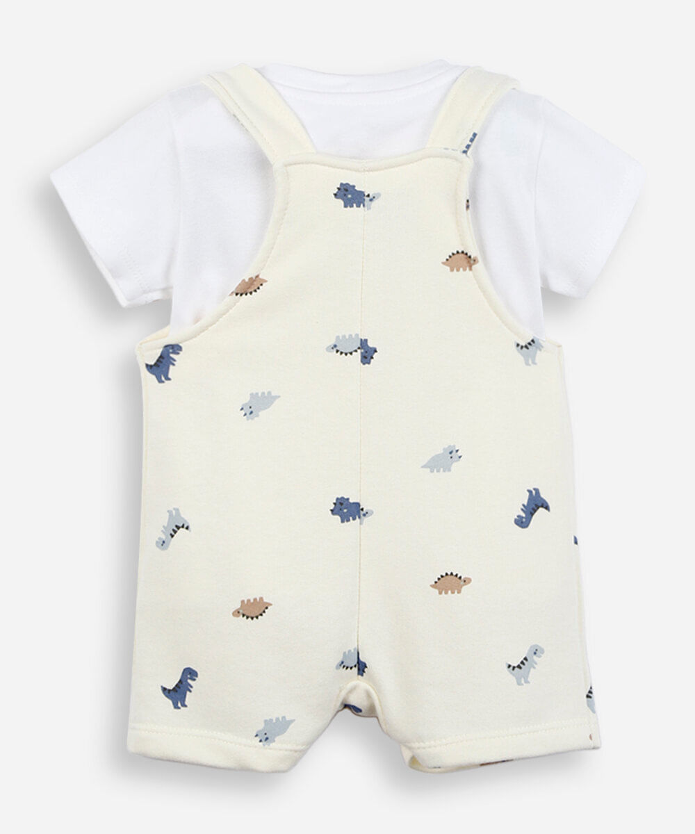 jardineira infantil com camiseta dinossauro off white