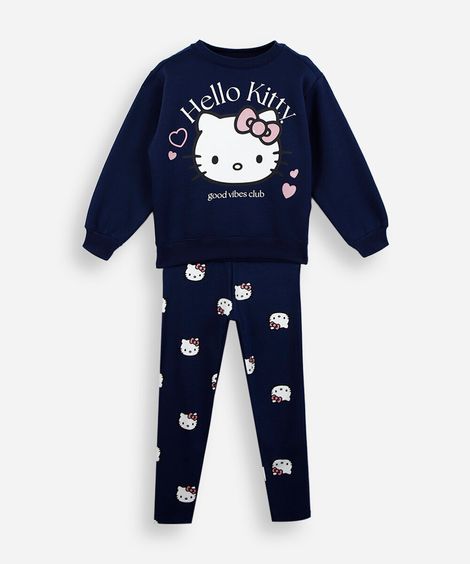 conjunto longo infantil de moletom hello kitty azul