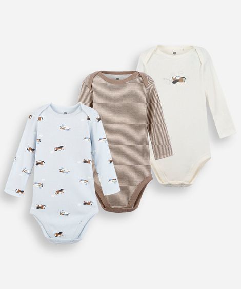 kit de 3 bodies infantis de algodão manga longa estampado colorido