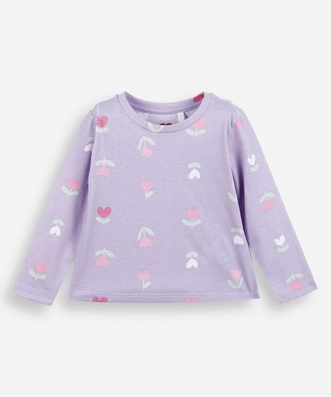 blusa infantil de algodão manga longa floral lilás