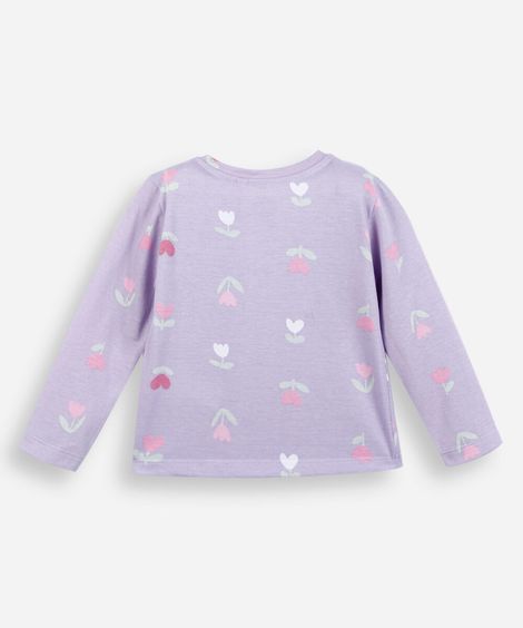 blusa infantil de algodão manga longa floral lilás