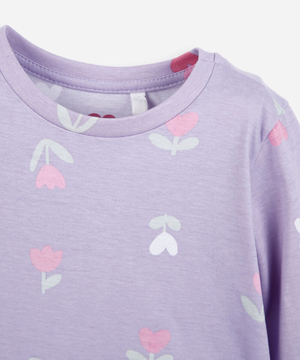 blusa infantil de algodão manga longa floral lilás