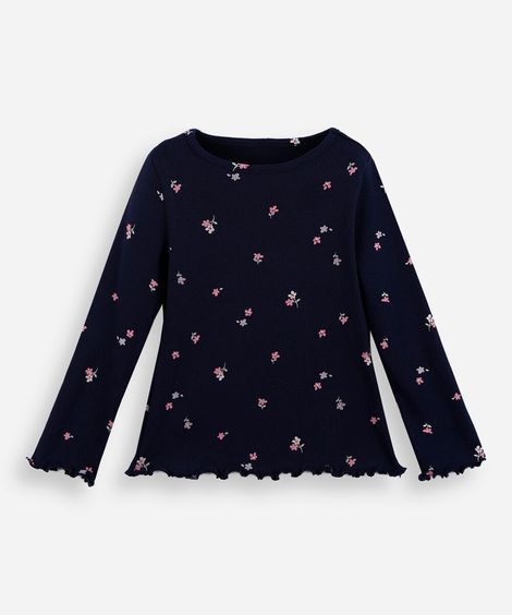 blusa infantil de algodão manga longa floral azul