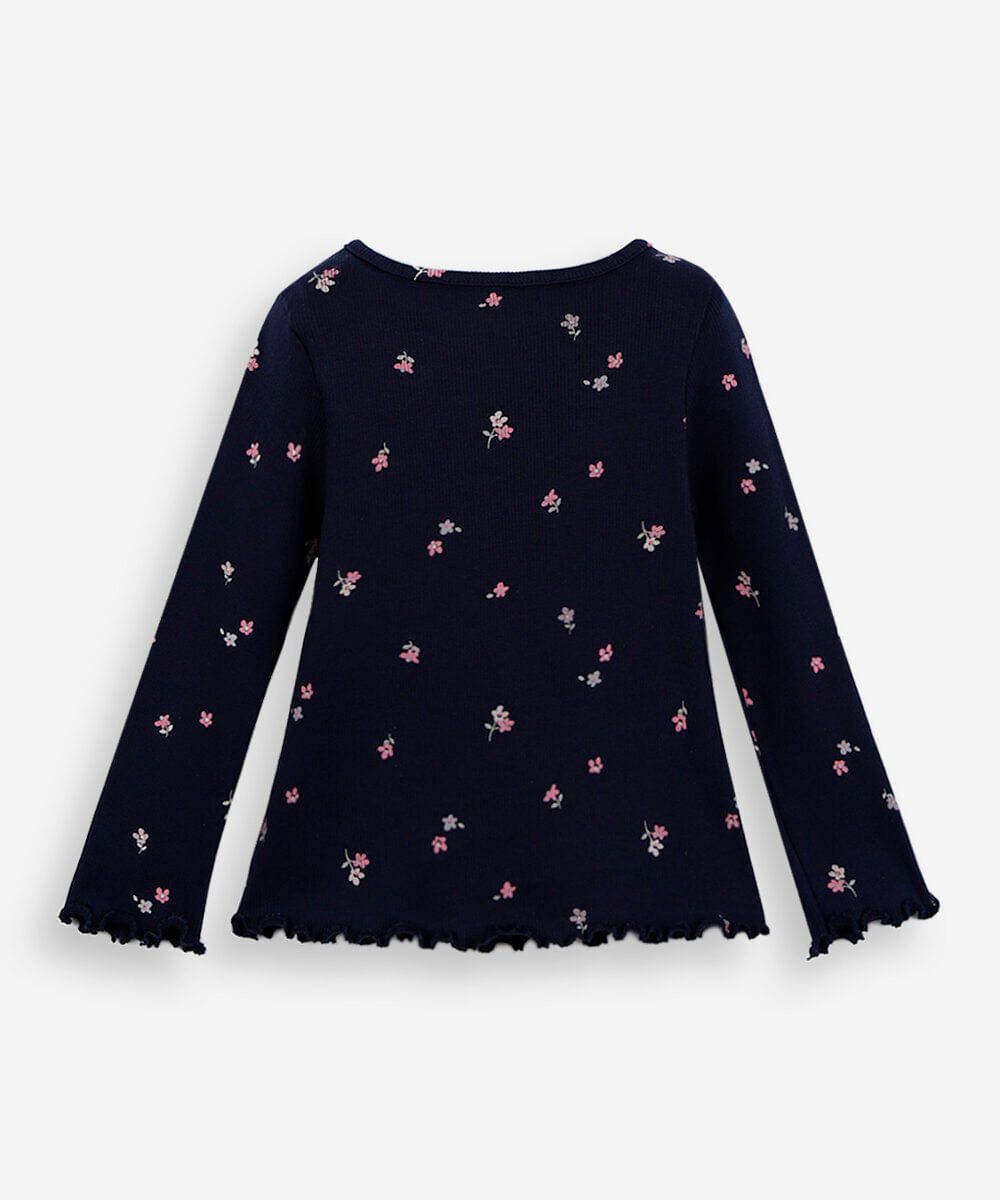 blusa infantil de algodão manga longa floral azul