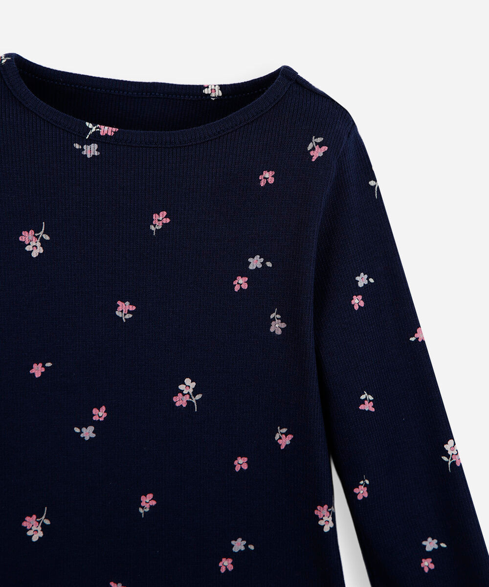 blusa infantil de algodão manga longa floral azul