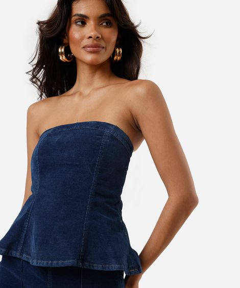 blusa peplum feminina jeans sem alça azul
