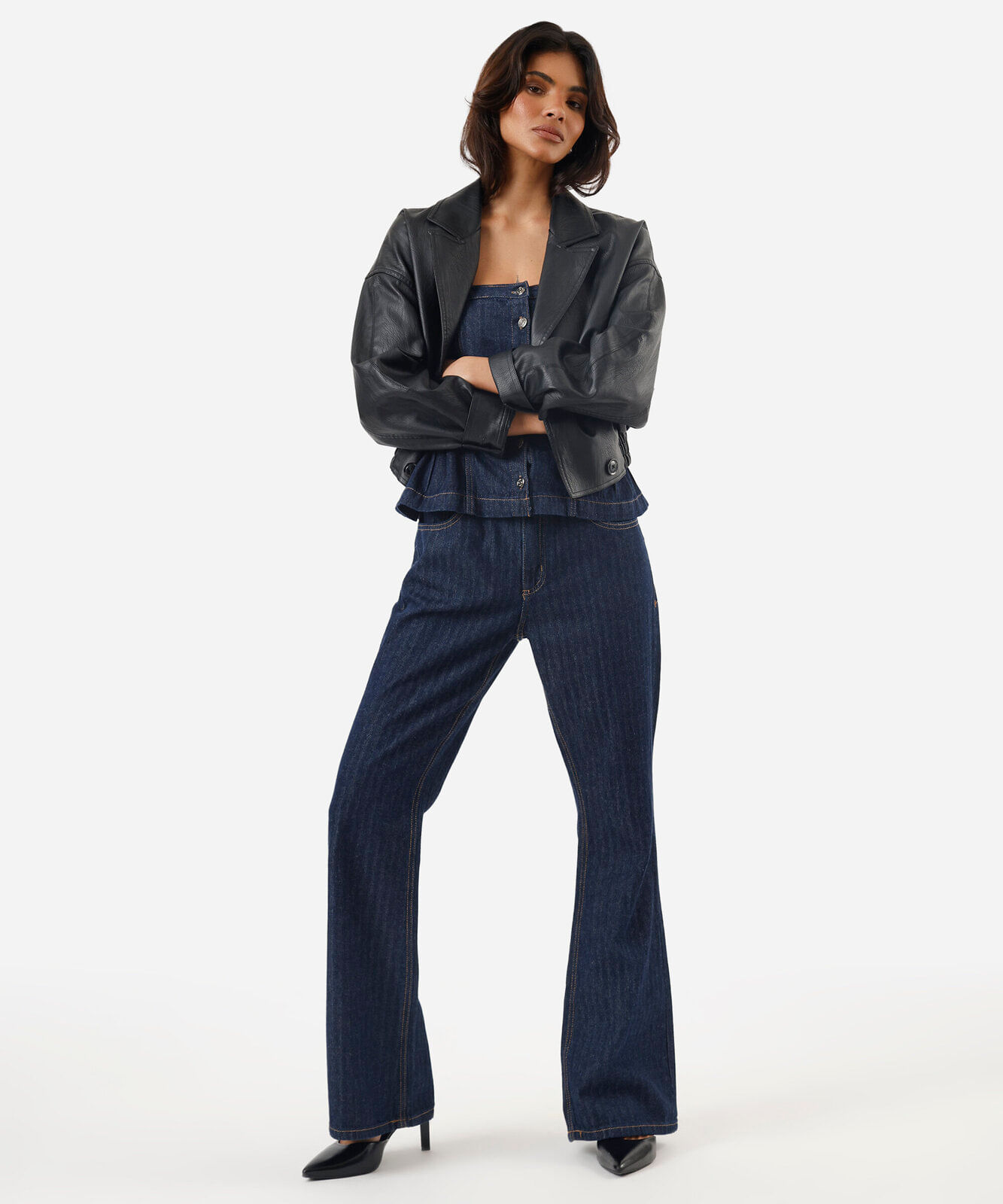 calça flare feminina jeans cintura média xadrez azul