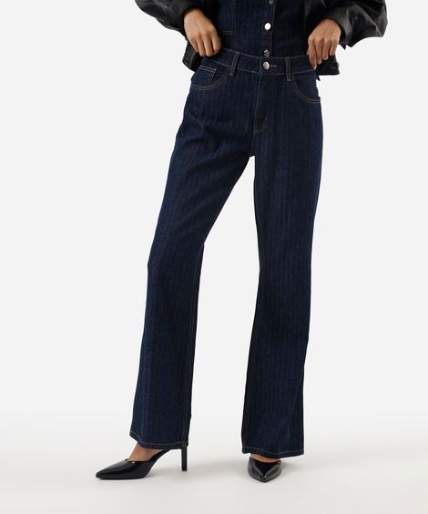 calça flare feminina jeans cintura média xadrez azul