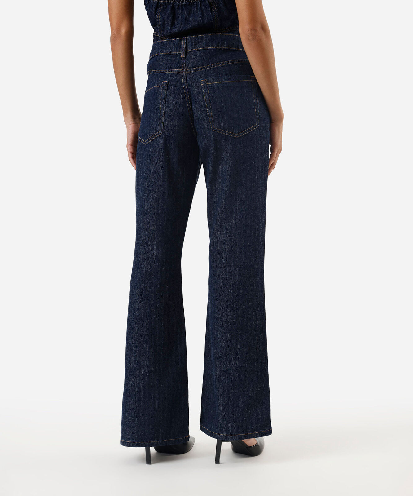 calça flare feminina jeans cintura média xadrez azul