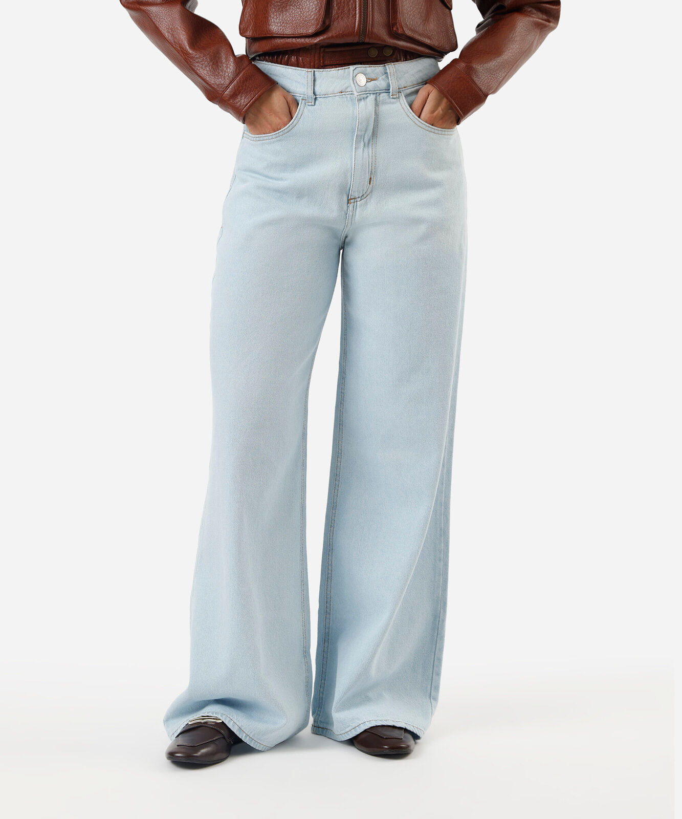 calça wide leg jeans feminina cintura alta azul