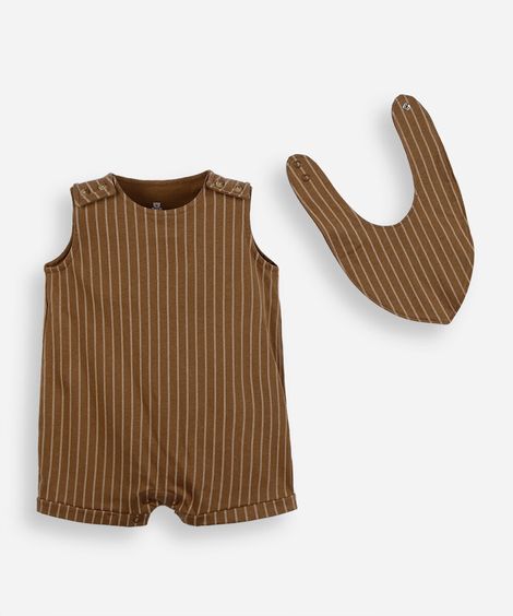 macacão infantil listrado com babador marrom