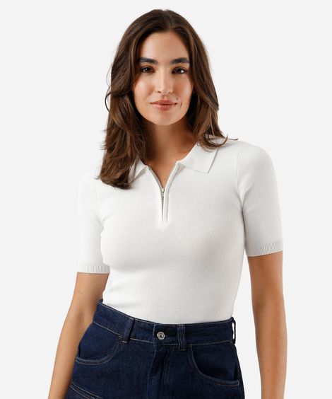 polo feminina de tricot com zíper off white