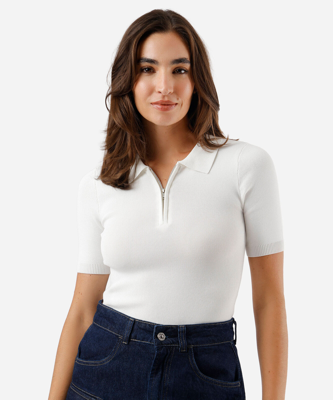 polo feminina de tricot com zíper off white