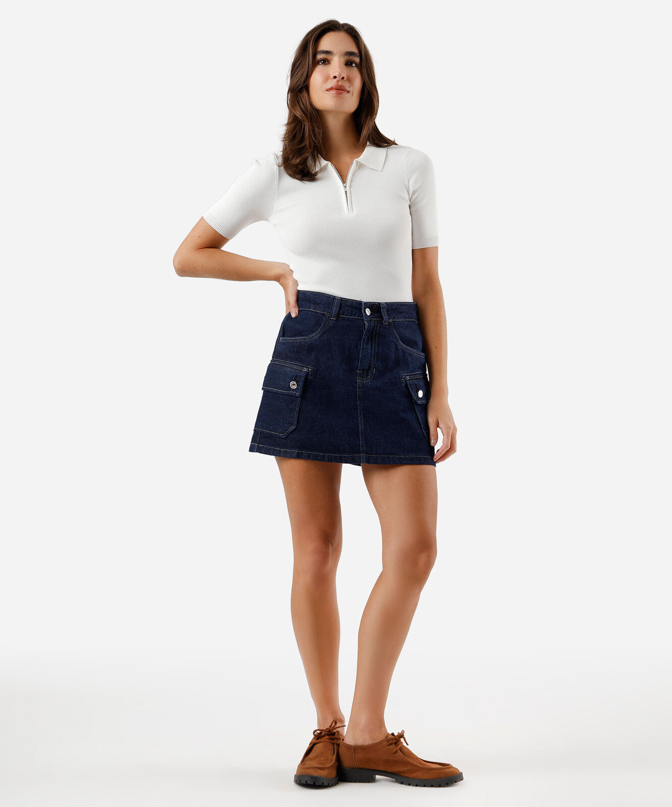 polo feminina de tricot com zíper off white