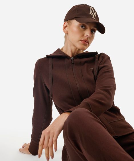 jaqueta feminina de moletom esportiva ace com capuz marrom