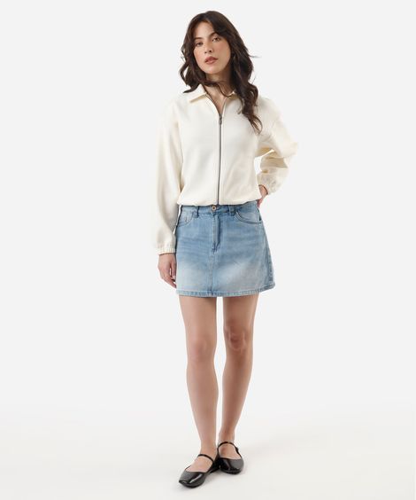 short saia jeans cintura alta azul